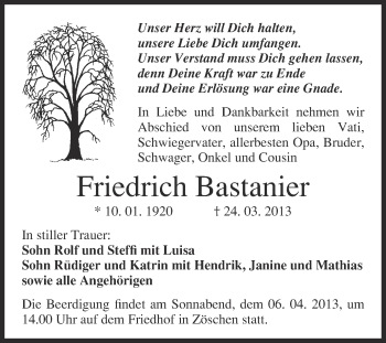 Traueranzeige von Friedrich Bastanier von Super Sonntag Merseburg