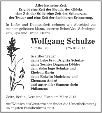 Traueranzeige von Wolfgang Schulze von Super Sonntag Zeitz