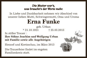 Traueranzeige von Erna Funke von Super Sonntag Zeitz