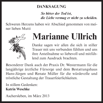 Traueranzeige von Marianne Ullrich von Super Sonntag Aschersleben