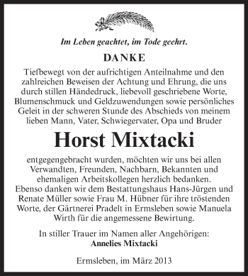Traueranzeige von Horst Mixtacki von Super Sonntag Aschersleben