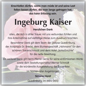 Traueranzeige von Ingeburg Kaiser von WVG - Wochenspiegel Quedlinburg