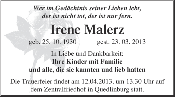 Traueranzeige von Irene Malerz von WVG - Wochenspiegel Quedlinburg