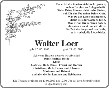 Traueranzeige von Walter Loer von WVG - Wochenspiegel Quedlinburg