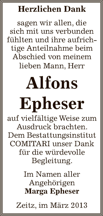 Traueranzeige von Alfons Epheser von Super Sonntag Zeitz
