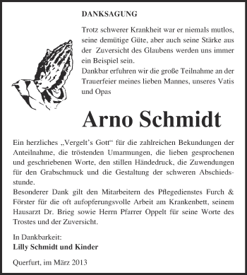 Traueranzeige von Arno Schmidt von WVG - Wochenspiegel Merseburg
