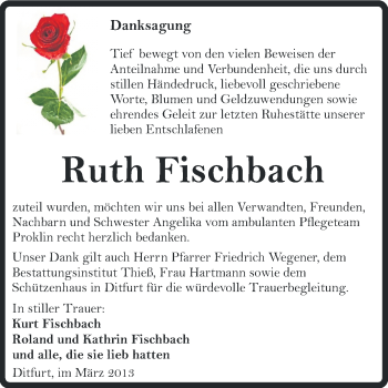 Traueranzeige von Ruth Fischbach von WVG - Wochenspiegel Quedlinburg