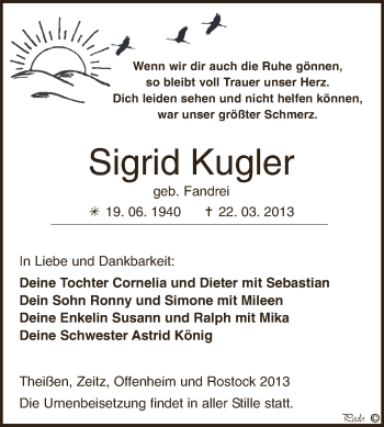Traueranzeige von Sigrid Kugler von Super Sonntag Zeitz