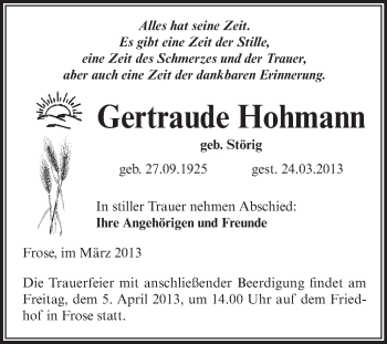 Traueranzeige von Gertraude Hohmann von Super Sonntag Aschersleben