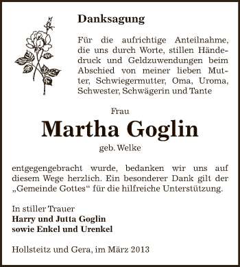 Traueranzeige von Martha Goglin von Super Sonntag Zeitz