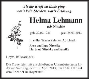Traueranzeige von Helma Lehmann von Super Sonntag Aschersleben