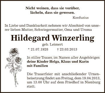 Traueranzeige von Hildegard Winzerling von Super Sonntag Bernburg