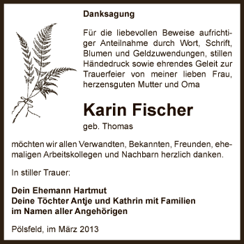 Traueranzeige von Karin Fischer von Super Sonntag SGH Mansf. Land