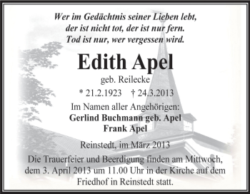 Traueranzeige von Edith Apel von Super Sonntag Aschersleben
