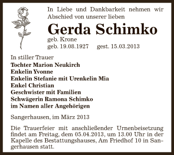 Traueranzeige von Gerda Schimko von Super Sonntag SGH Mansf. Land