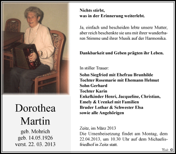 Traueranzeige von Dorothea Martin von Super Sonntag Zeitz