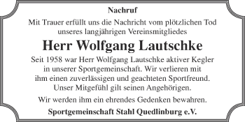 Traueranzeige von Wolfgang Lautschke von Super Sonntag Quedlinburg