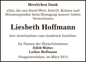 Traueranzeige von Liesbeth Hoffmann von Super Sonntag Bernburg