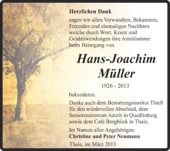 Traueranzeige von Hans-Joachim Müller von WVG - Wochenspiegel Quedlinburg