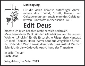 Traueranzeige von Edit Deus von WVG - Wochenspiegel Quedlinburg
