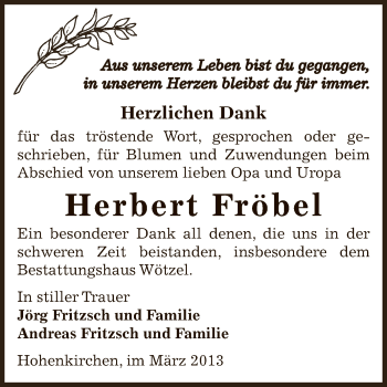 Traueranzeige von Herbert Fröbel von Super Sonntag Zeitz