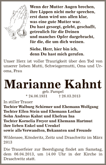 Traueranzeige von Marianne Kahnt von Super Sonntag Zeitz