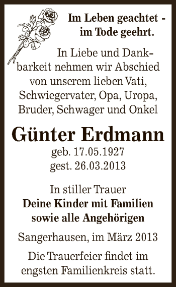 Traueranzeige von Günter Erdmann von Super Sonntag SGH Mansf. Land