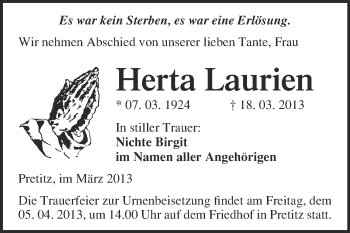 Traueranzeige von Herta Laurien von WVG - Wochenspiegel Merseburg