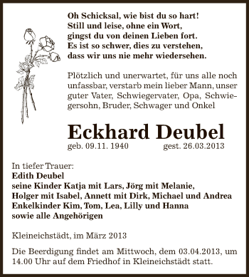Traueranzeige von Eckhard Deubel von Super Sonntag Zeitz