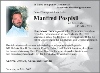 Traueranzeige von Manfred Pospisil von WVG - Wochenspiegel Quedlinburg