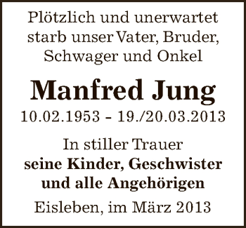 Traueranzeige von Manfred Jung von Super Sonntag SGH Mansf. Land