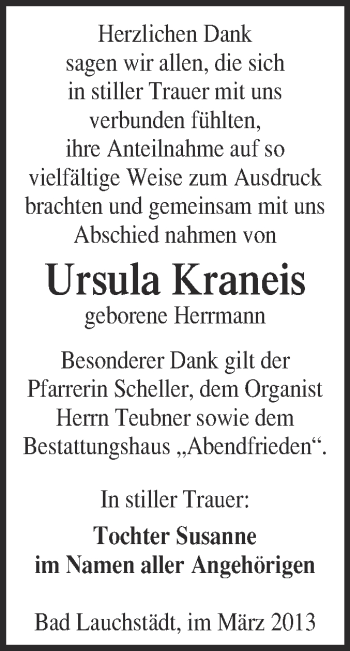 Traueranzeige von Ursula Kraneis von WVG - Wochenspiegel Merseburg