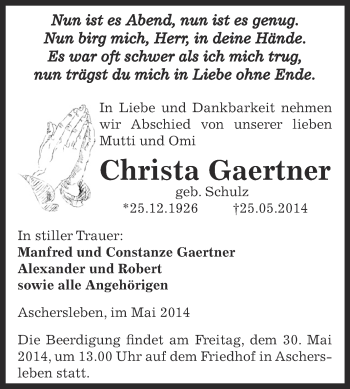 Traueranzeige von Christa Scheffler von Mitteldeutsche Zeitung Köthen