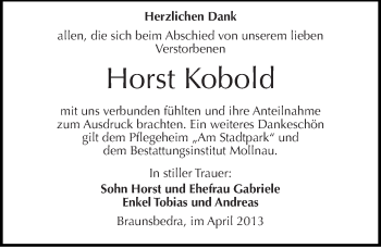 Traueranzeige von Horst Kobold von Mitteldeutsche Zeitung Merseburg/Querfurt