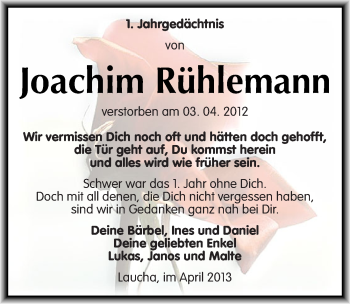 Traueranzeige von Joachim Rühlemann von Mitteldeutsche Zeitung Naumburg/Nebra