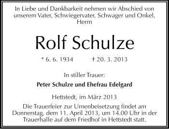 Traueranzeige von Rolf Schulze von Mitteldeutsche Zeitung Mansfelder Land