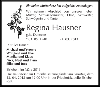 Traueranzeige von Regina Hausner von Mitteldeutsche Zeitung Mansfelder Land