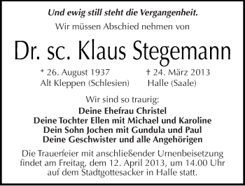 Traueranzeige von Klaus Stegemann von Mitteldeutsche Zeitung Halle/Saalkreis