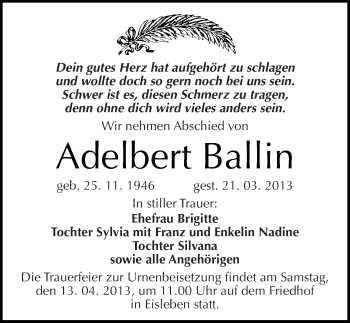 Traueranzeige von Adelbert Ballin von Mitteldeutsche Zeitung Mansfelder Land