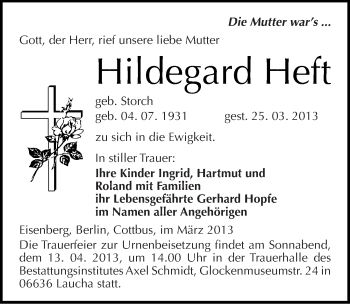 Traueranzeige von Hildegard Heft von Mitteldeutsche Zeitung Naumburg/Nebra