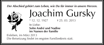 Traueranzeige von Joachim Gursky von Mitteldeutsche Zeitung Mansfelder Land