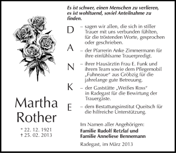 Traueranzeige von Martha Rother von Mitteldeutsche Zeitung Köthen