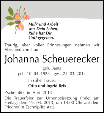 Traueranzeige von Johanna Scheuerecker von Mitteldeutsche Zeitung Naumburg/Nebra