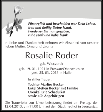 Traueranzeige von Rosalie Roder von Mitteldeutsche Zeitung Merseburg/Querfurt
