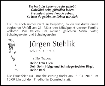 Traueranzeige von Jürgen Stehlik von Mitteldeutsche Zeitung Halle/Saalkreis