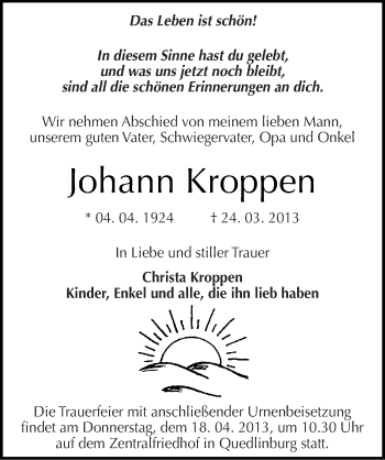 Traueranzeige von Johann Kroppen von Mitteldeutsche Zeitung Quedlinburg
