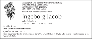 Traueranzeige von Ingeborg Jacob von Mitteldeutsche Zeitung Merseburg/Querfurt