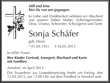 Traueranzeige von Sonja Schäfer von Mitteldeutsche Zeitung Mansfelder Land