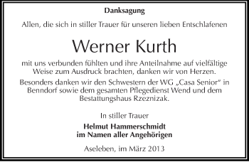 Traueranzeige von Werner Kurth von Mitteldeutsche Zeitung Mansfelder Land