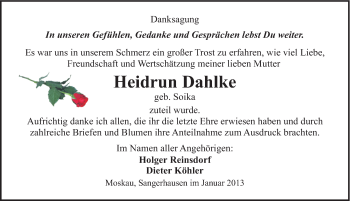 Traueranzeige von Heidrun Dahlke von Mitteldeutsche Zeitung Sangerhausen